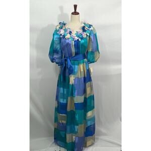 DIANE DICKINSON Sz 6 Vintage Blue Purple Maxi Dress Ruffle Flower NOS NEW